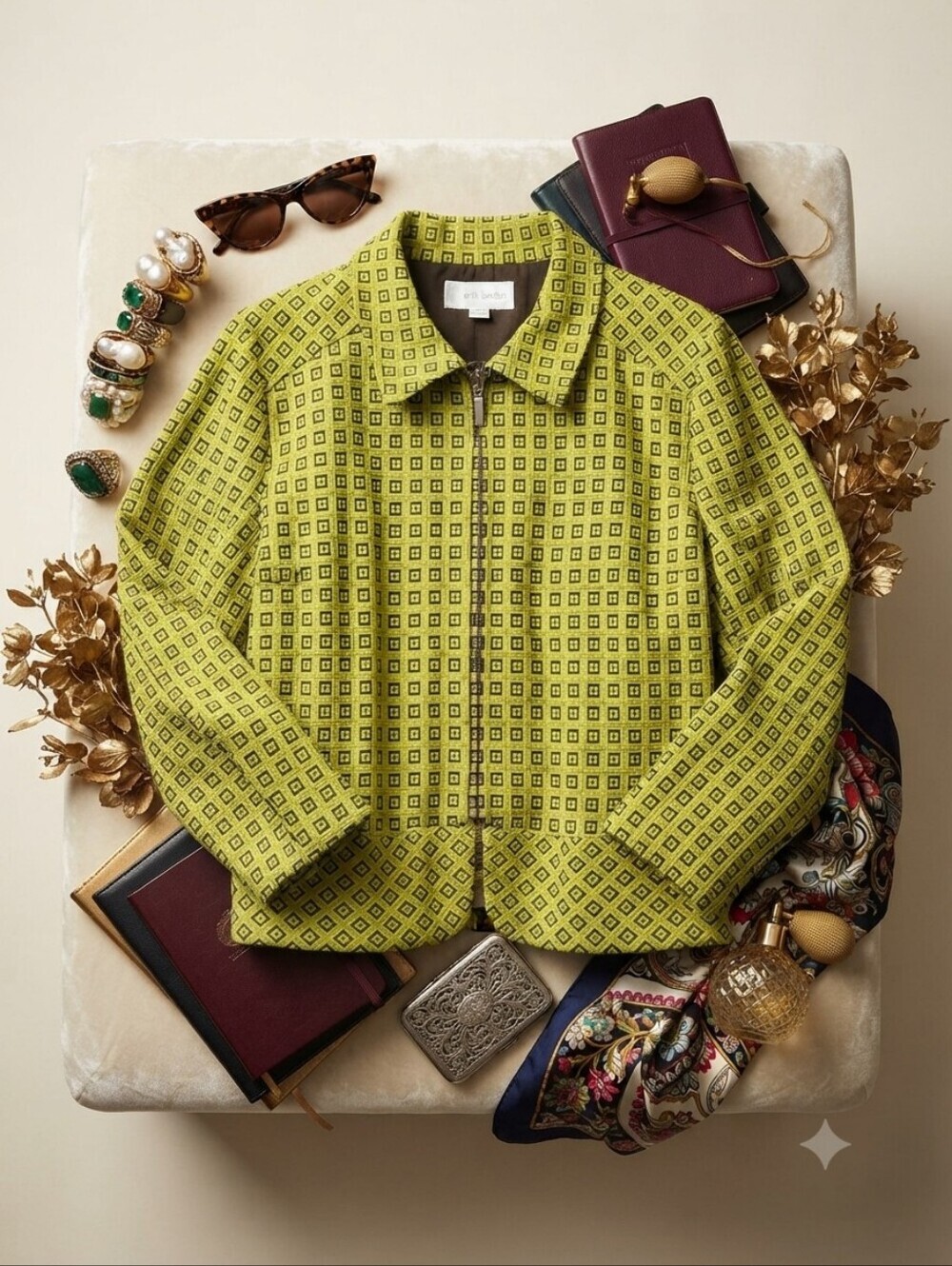 Erin London Full Zip Green Black Geometric Jacket